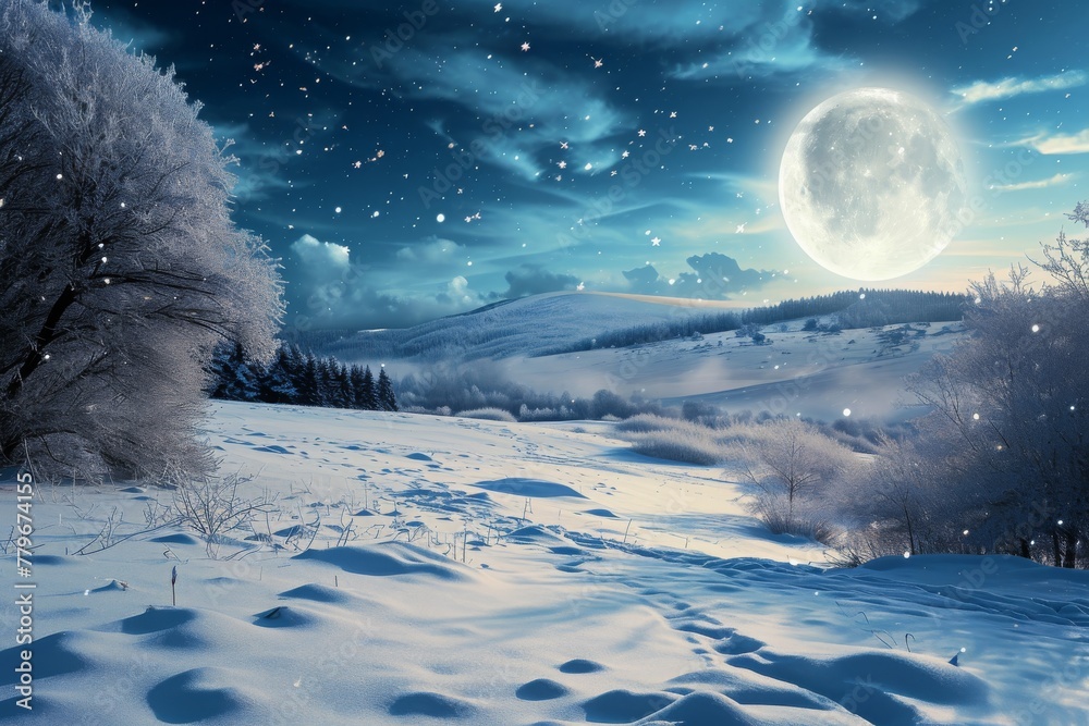A photo showcasing a snowy landscape illuminated by a full moon in the sky, A snowy landscape under a full moon, AI Generated
