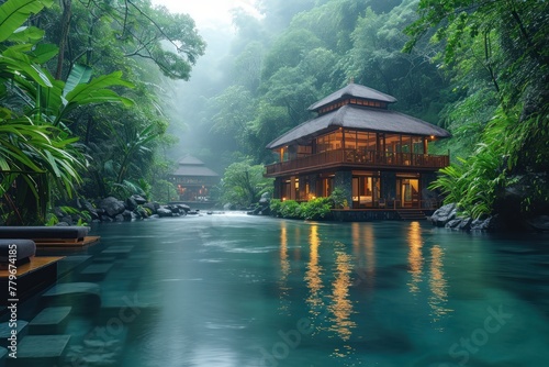 House over river by lush green forest