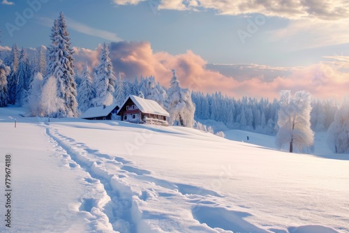 A house stands in a snowy field surrounded by white, untouched snow, A snowy landscape with heart-shaped footprints leading to a cozy cabin, AI Generated © Ifti Digital