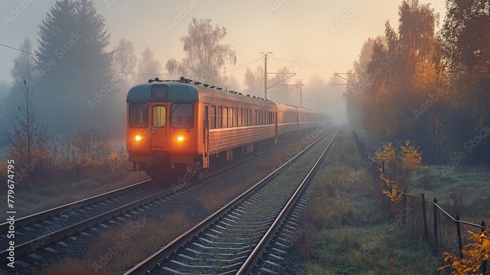 Fototapeta premium On a misty autumn morning, a passenger electric train operates.
