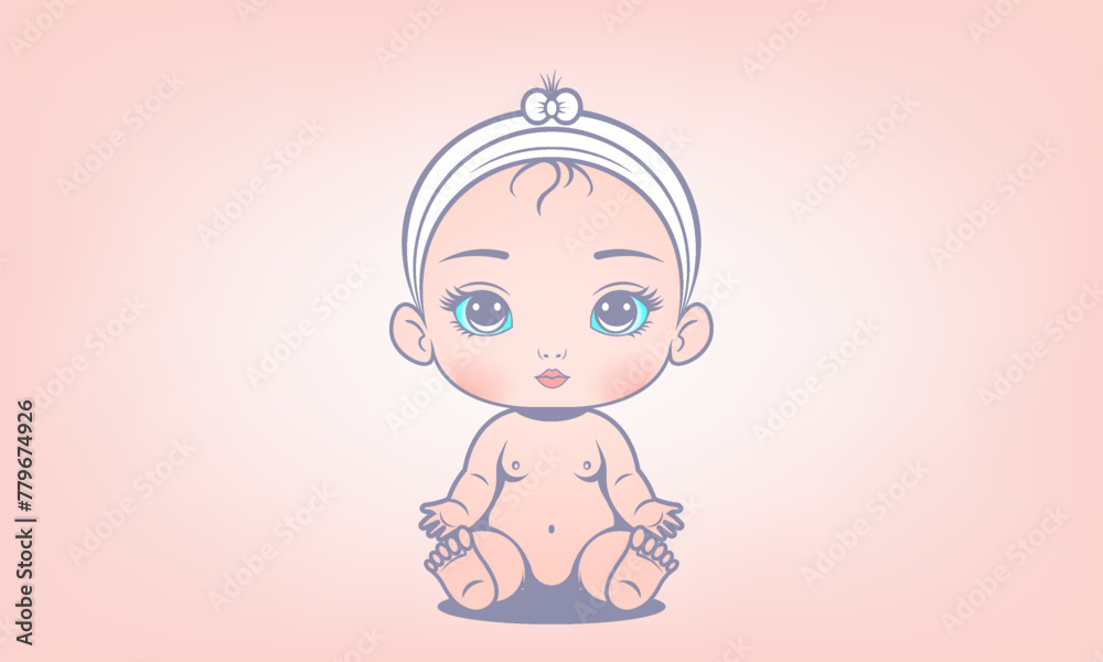 Vector sitting cute little baby doll girl. Kawaii kid with big eyes. Young beautiful fashionable model. Vector sitting cute little baby doll girl. Kawaii kid with big eyes. Young beautiful fashionable model.