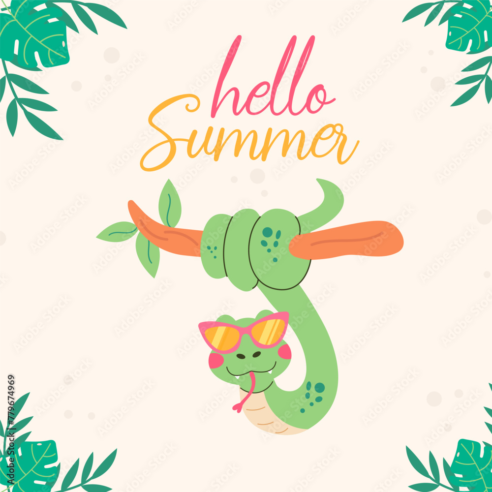 Hello summer background with snake character Hello summer background with snake character