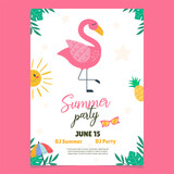 Summer party invitation flamingo character hand drawn