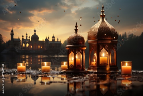 Islamic lantern glowing and background mosque © Saim Art