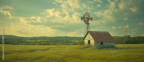 An ancient windmill tower in the American countryside photo