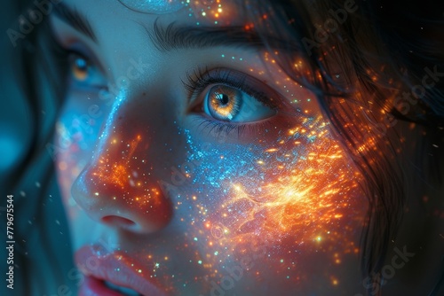 Womans face with glowing stars background