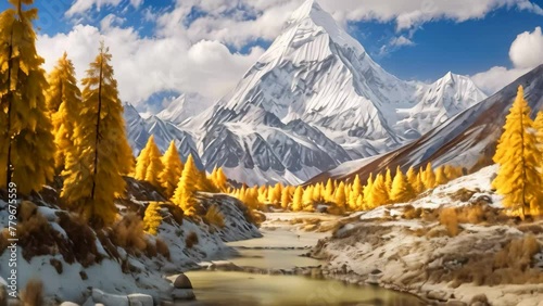 Autumn in Yading national level reserve, Daocheng, Sichuan Province, China, Colorful in autumn forest and snow mountain at Yading nature reserve, AI Generated photo