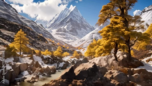 Beautiful mountain landscape with river and autumn trees in Himalayas, Nepal, Colorful in autumn forest and snow mountain at Yading nature reserve, AI Generated photo