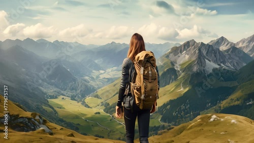 Woman hiker with backpack hiking in the mountains. Hiking concept, rear view of a Woman hiker with a backpack enjoying amazing valley landscapes on the top of mountain, AI Generated photo