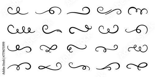 Black swirl curly element collection on a white background. Hand drawn curly swishes. Hand drawn lettering and calligraphy swirls, squiggles