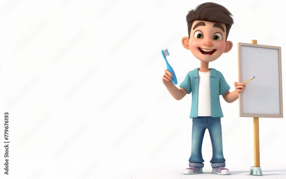 3D cartoon character of a smiling ten-year-old boy holding a toothbrush with his left hand and pointing with his right hand to a white board next 3D cartoon character of a smiling ten-year-old boy holding a toothbrush with his left hand and pointing with his right hand to a white board next