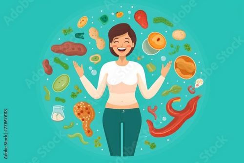 Happy woman with healthy digestive system on turquoise background. Banner design with space for text.
