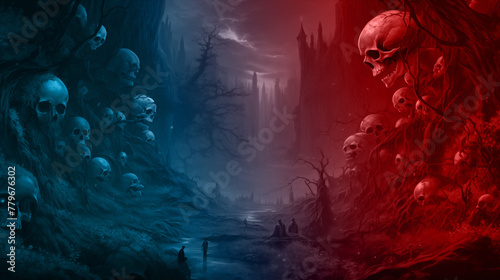 A mountain of Skull with blue and red color  Illustration