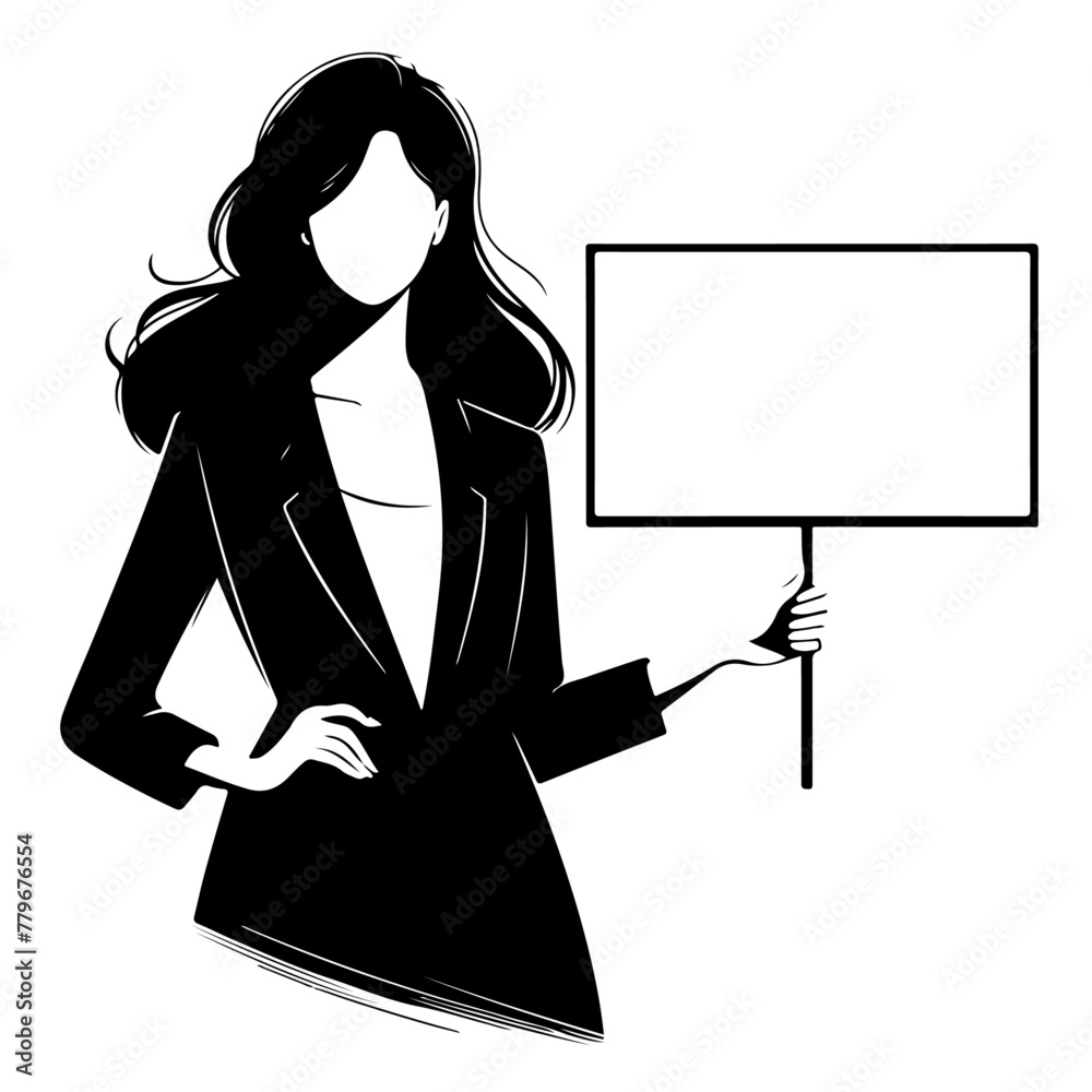 Fototapeta premium minimalist lovely woman wear stylish clothes hold banner placard share news special offer empty space isolated vector black color silhouette, Black color silhouette png white background (8)