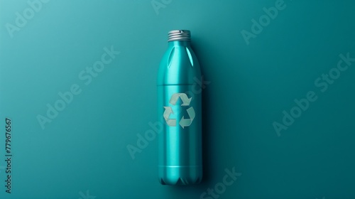 The recycling symbol integrated into the design of a reusable water bottle on solid color background