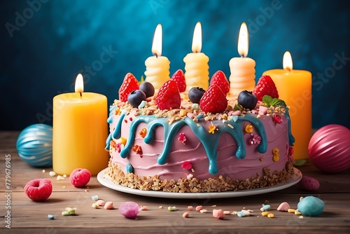 Birthday cake with burning candles on blue background. Toned.
