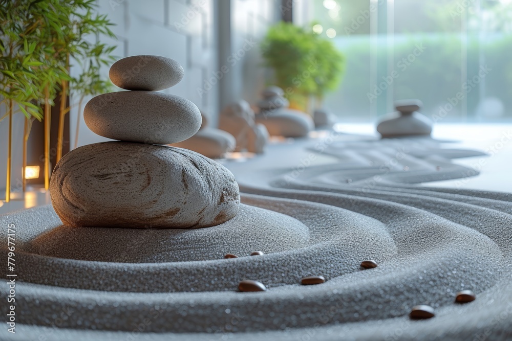 Rock garden with candles and potted plant