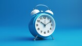 Ringing alarm clock 3D realistic render vector illustration isolated on blue background. Alarm clock volumetric button 3D icon, reminder and deadline notice symbol. 