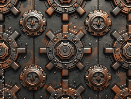 The image is a close up of a metal surface with many gears and bolts. The surface is old and rusted, giving it a vintage and industrial feel. The design of the gears