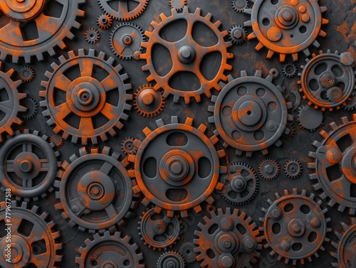 A close up of many gears with a rusty look. The gears are all different sizes and are arranged in a pattern. The image has a vintage and industrial feel to it