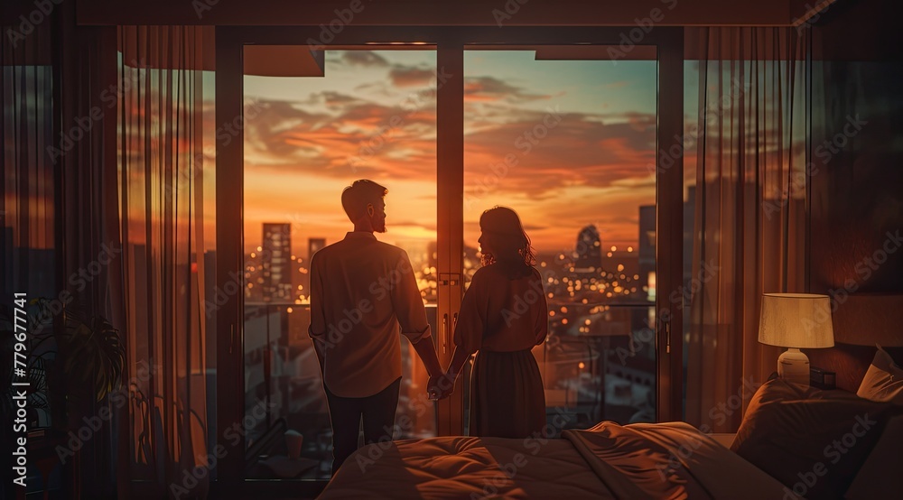 Couples in love watching the city decorated with night lights and the sunset from the bedroom window. - obrazy, fototapety, plakaty 