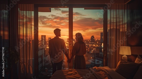 Couples in love watching the city decorated with night lights and the sunset from the bedroom window. © DnQajik