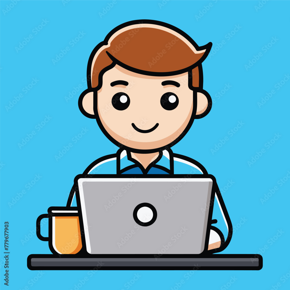 cute man working on laptop with coffee Vector cute man working on laptop with coffee Vector
