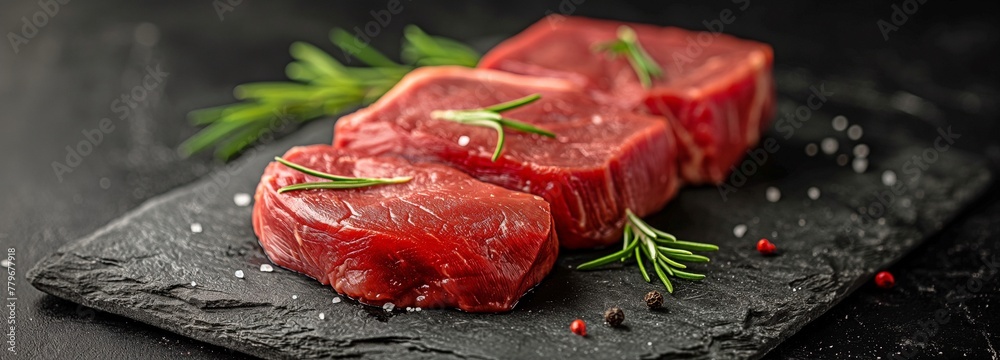 On the butcher table, raw rump beef cut or top sirloin meat steak. dark background