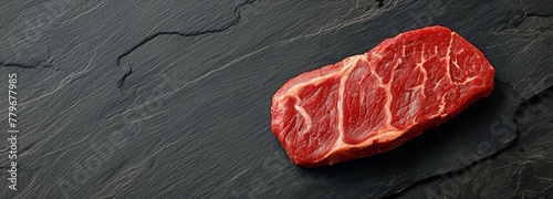 On the butcher table, raw rump beef cut or top sirloin meat steak. dark background photo