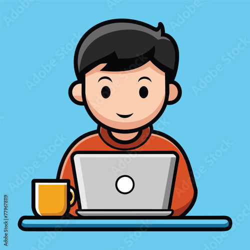cute man working on laptop with coffee Vector