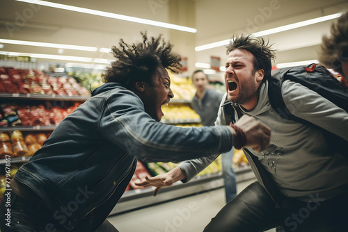 Fight in a store for products on sale of big discounts on goods, emotional screams and battle. Police, law enforcement officers, violation of the law, hooliganism photo