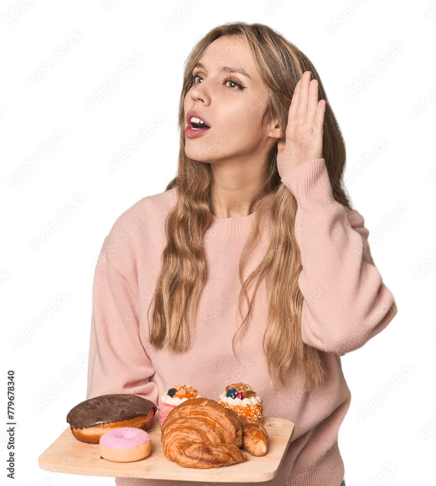 Blonde woman with pastry tray in studio backdrop trying to listening a gossip. Blonde woman with pastry tray in studio backdrop trying to listening a gossip.