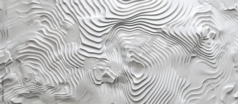 A close up of a white wood surface with a geometric monochrome pattern, resembling a natural landscape. The intricate design resembles an organisms pattern, reminiscent of monochrome photography
