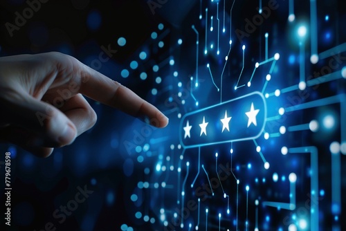 In a futuristic world dominated by advanced technology, a hand gestures toward a glowing star rating on a virtual screen. Data streams flow in the background.
