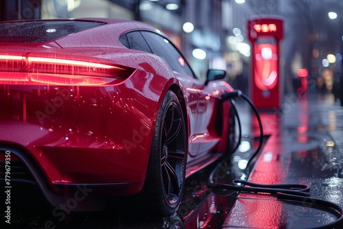 Red sports car charging at electric charger © yuliachupina