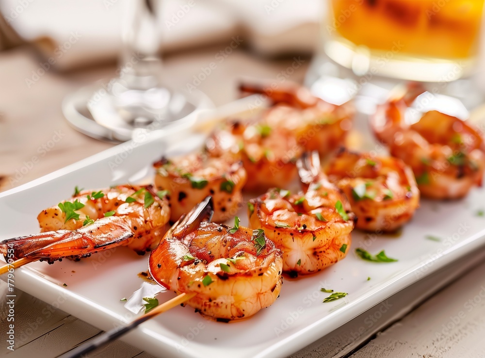 Grilled shrimp skewers. Seafood, shelfish. Shrimps Prawns skewers with spices and fresh herbs on white plate, copy space. Shrimps prawns brochette kebab. Barbecue srimps prawns. Grilled shrimp skewers. Seafood, shelfish. Shrimps Prawns skewers with spices and fresh herbs on white plate, copy space. Shrimps prawns brochette kebab. Barbecue srimps prawns.
