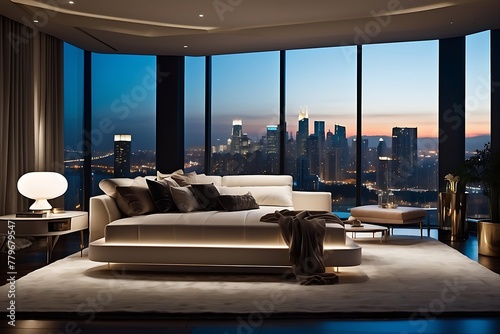 Modern living room interior with a panoramic night view of the city
