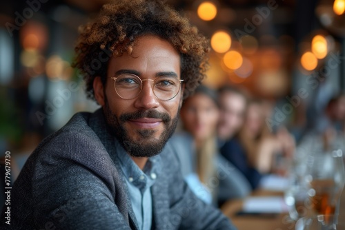 Man with glasses sitting at table in office