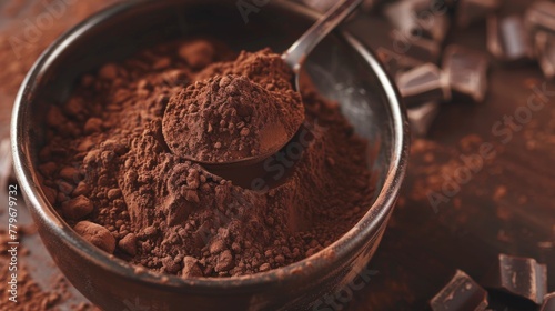 Bowl of finely ground cocoa powder and a metal spoon, surrounded by chocolate pieces photo