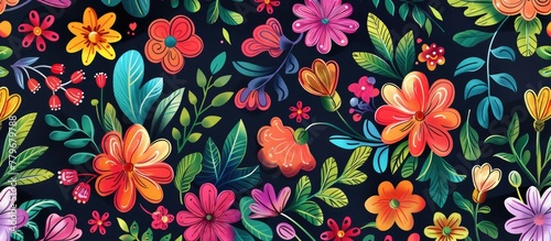 a seamless pattern with colorful flowers and leaves on a dark background . High quality