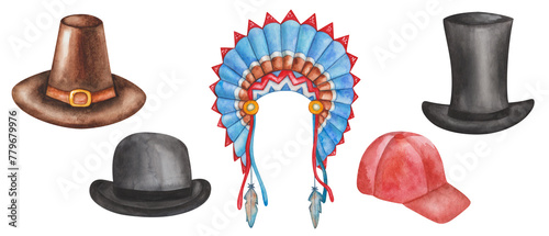 Watercolor set of illustrations. Hand painted headwear. Brown pilgrim hat, golden buckle. Black bowler hat, top hat, gentleman. Red cap. Indian headdress. Bird feathers. Isolated clip art