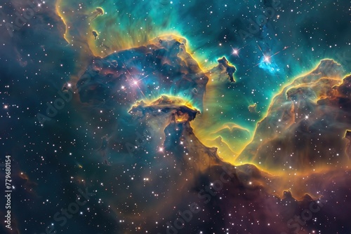 Cosmic Majesty: Radiant Nebula Pillars with Star-Studded Sky Backdrop