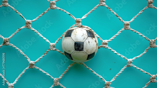 A worn soccer ball lodged in a white goal net against a vibrant turquoise background, depicting a paused moment in a sports game with a focus on the equipment.