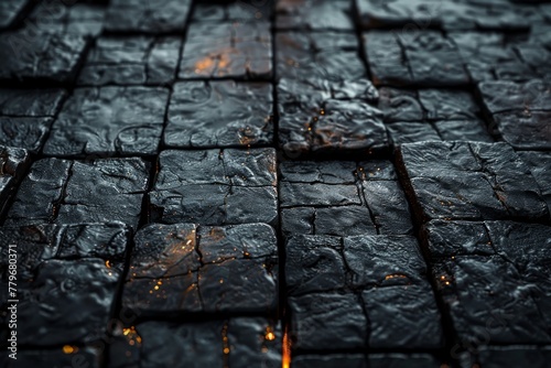 Close-up view of rain-soaked cobblestones glowing with reflected orange street light  adding a moody atmosphere