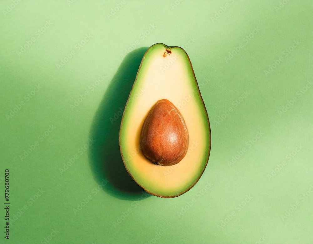 A single half of an avocado, pit intact, placed directly in the center of a pastel green background, celebrating the natural beauty of the fruit