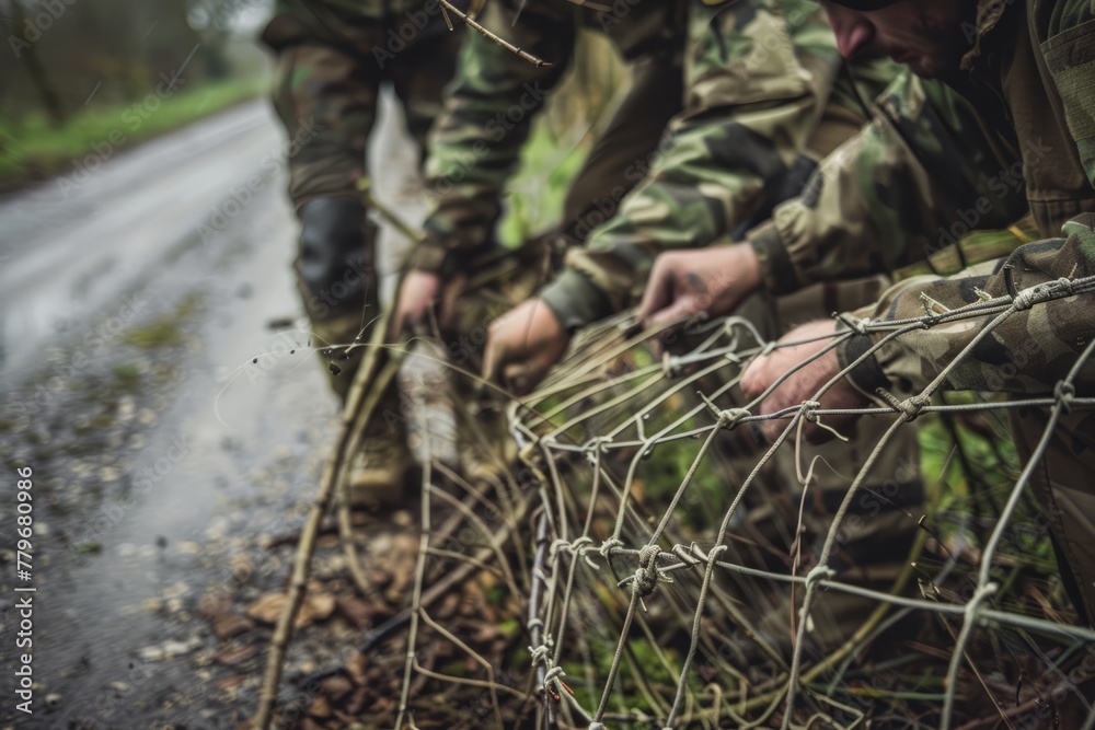 Soldiers in a military uniform with a chain link fence on the road