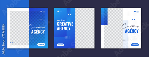 Blue gradient corporate social media post design, sky color business square ads template set with white stroke