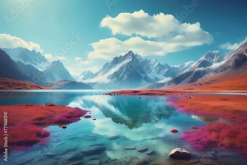 Beautiful landscape with lake and mountains. 3d render illustration.