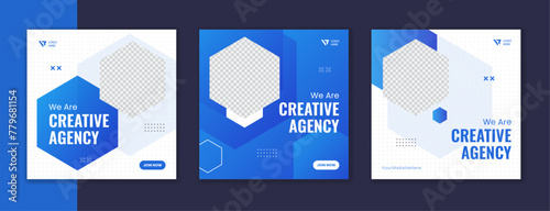 Blue gradient corporate social media post design, sky color business square template set with white hexagon stroke