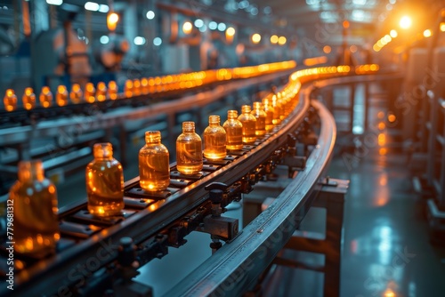 Warm-toned image illustrating production line efficiency with rows of amber bottles on a modern conveyor photo